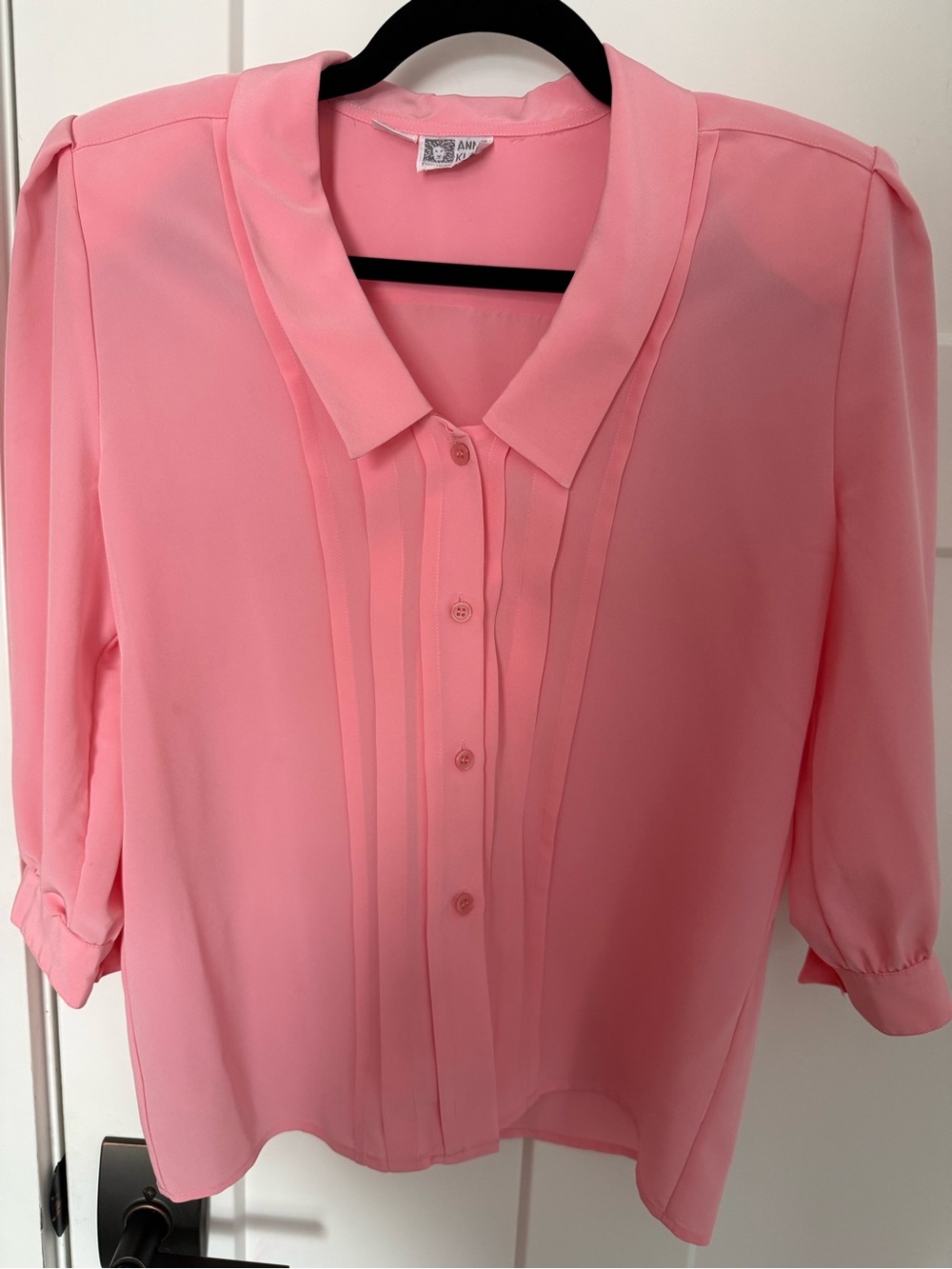 Vintage Anne Klein Pink Pleated Front Button Blouse with shoulder pads. Size M.